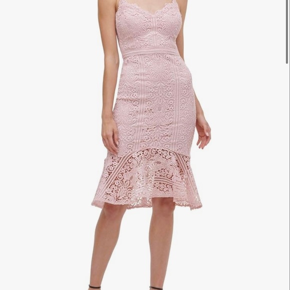 GUESS Blush Pink Lace Midi Dress with Ruffle Hem - Picture 3 of 4